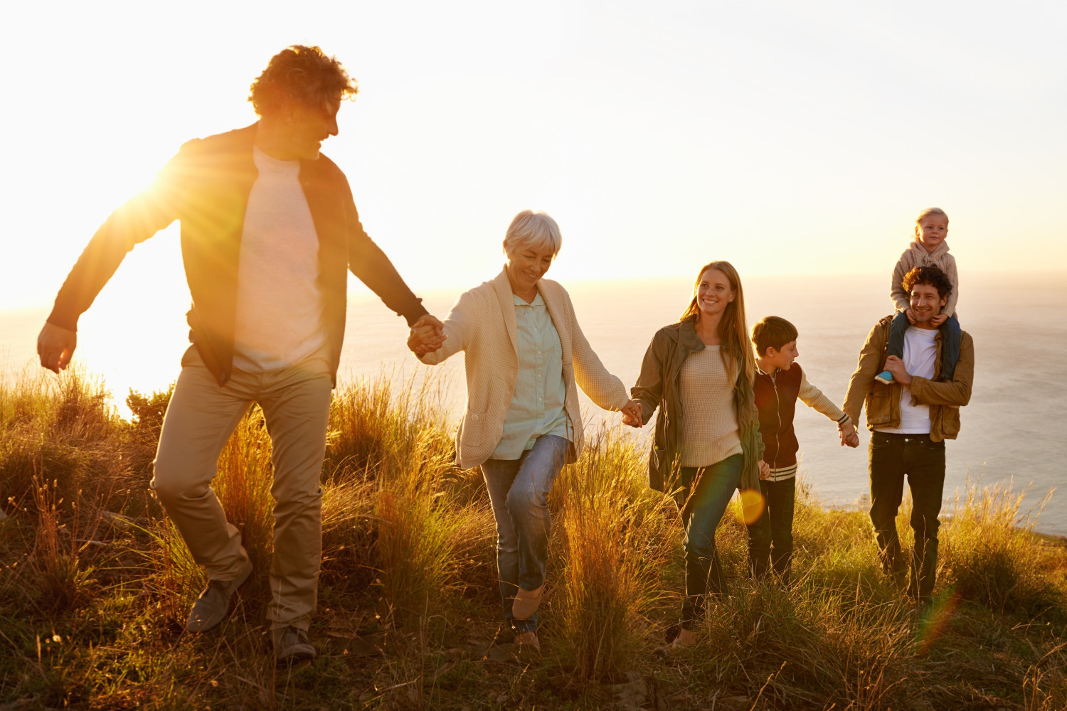 family,teamwork.,a,multi generational,family,walking,up,a,grassy,hill