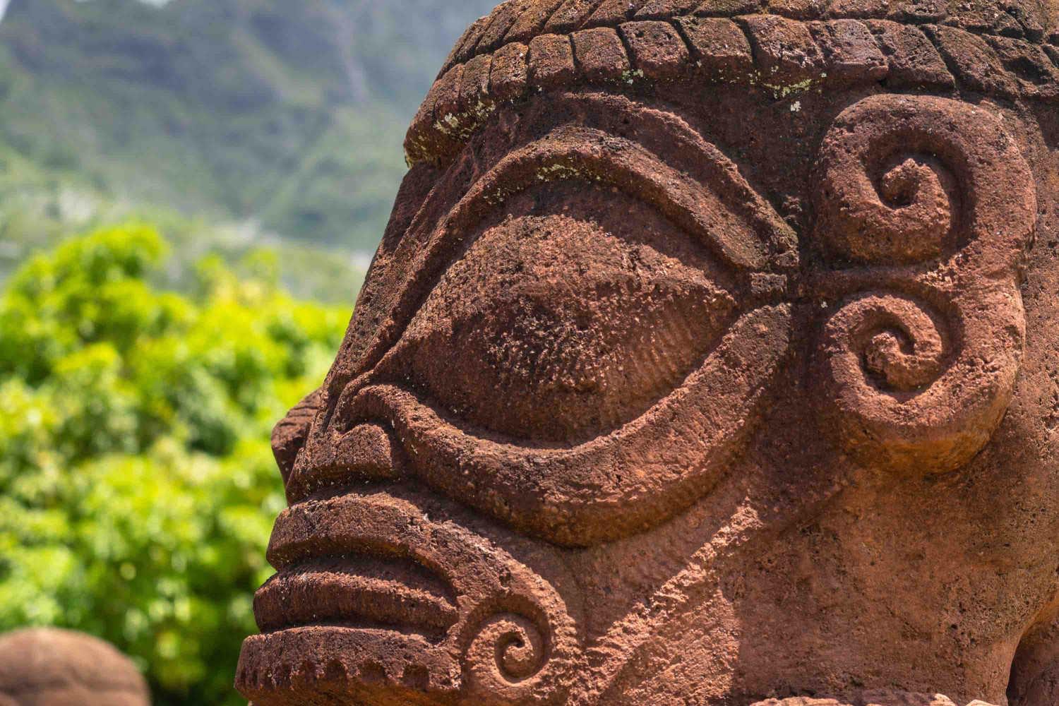 a,majestic,tiki,statue,stands,before,mount,temetiu,on,hiva